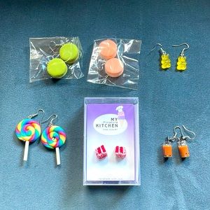 Novelty 6 prs earrings: macaroons, gummy bears, lollipop, cake, bubble tea